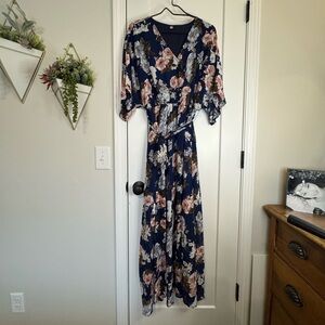 Navy Blue Floral Print Maxi Dress
